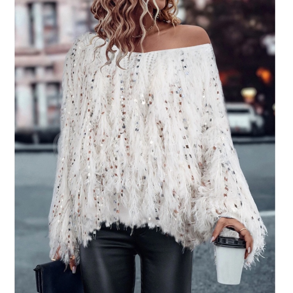 Fun Fuzzy Embellished Pullover Sweater V-Neck Off White
